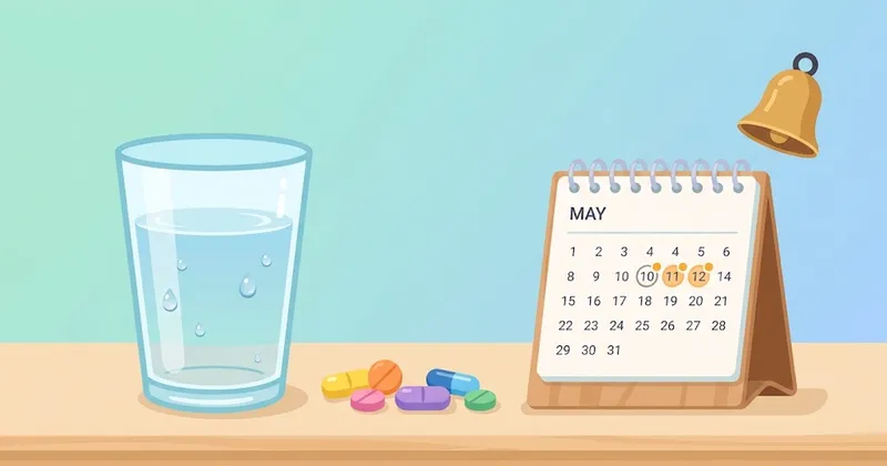 Un verre d'eau, des comprimés colorés et un calendrier avec une cloche